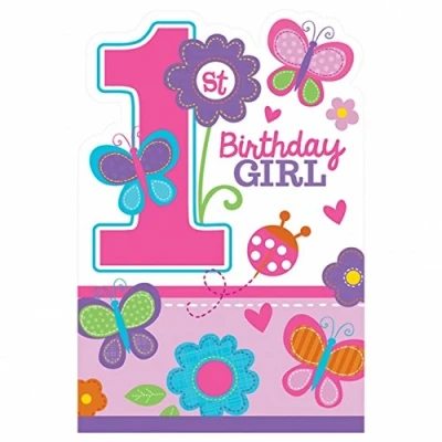 Abbildung von Einladung 1. Geburtstag Mädchen mit Schmetterlingen 8 Stück