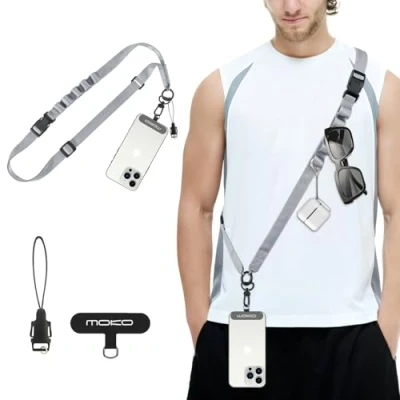 Abbildung von MoKo Universal Phone Lanyard, Nylon Verstellbarer Handy Crossbody Gurt Abnehmbare Frauen &amp; Männer Lanyards um den Hals mit Patches für iPhone, die meisten Smartphones, Dunkel Grau