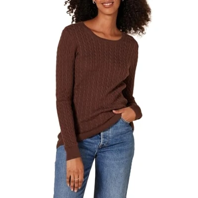 Abbildung von Amazon Essentials Damen Leichter Langarm Pullover Mit Rundhalsausschnitt Zopfmuster (Erhältlich In Übergröße), Dunkles Kastanienbraun Meliert, XL