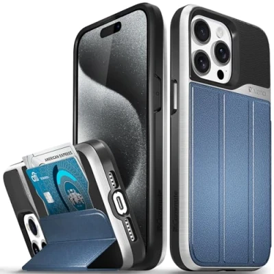 Abbildung von VENA vCommute Brieftaschen Schutzhülle für Apple iPhone 15 Pro Max (6,7 Zoll), militärischer Fallschutz, Leder, Kartenschlitz, Halter mit Ständer, Silber/Blau