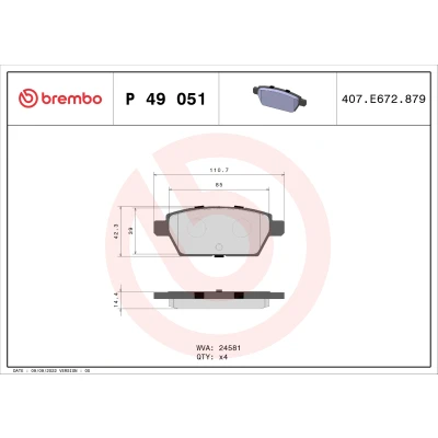 Abbildung von BREMBO P 49 051 Bremsbelagsatz exkl. Verschleißwarnkontakt ohne Zubehör MAZDA: 6 Limousine, Station Wagon, FORD: Fusion Limousine