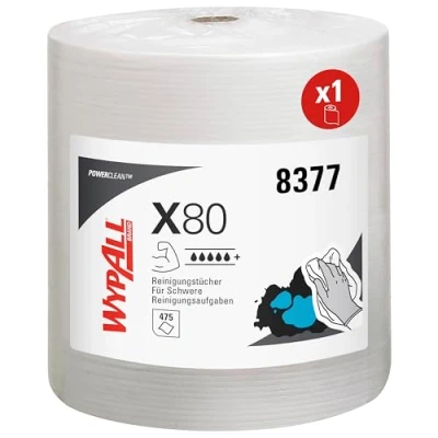 Abbildung von WypAll X80 Power Clean Tücher 8377 Wiederverwendbare Reinigungstücher 1 Großrolle Wischtücher x 475 weiße saugfähige