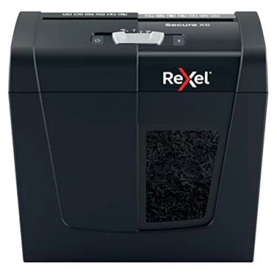 Abbildung von Rexel Aktenvernichter Secure X6, Partikelschnitt, 7 6 Blatt A4 (70 80 g/m²) Kapazität, Sicherheitsstufe P4, 10L Abfallbehälter, leise &amp; kompakt, für zu Hause / Home Office, schwarz, 2020122EU