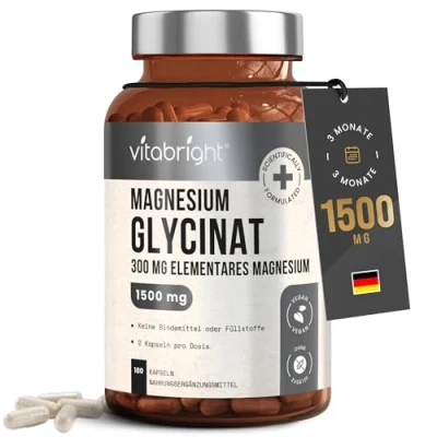 Abbildung von Magnesium Glycinat Hochdosiert 180 Kapseln 1500mg Pure Bisglycinat Pulver 300mg Elementares Mg Magnesiumglycinat Ohne Zusatzstoffe VitaBright Bio Magnesiumbisglycinat