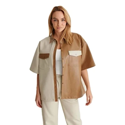 Abbildung von NA KD Damen Oversized Short Sleeve pu Shirt Hemd, Mehrfarbig, 38 EU