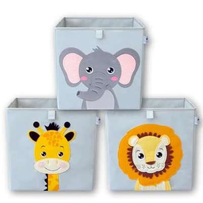 Abbildung von wonneklein Aufbewahrungsbox Kinder 33x33x33 cm Spielzeugkiste mit Tiermotiv Ordnungsbox für Kallax Regal Kinderzimmer Aufbewahrung Löwe, Elefant, Giraffe