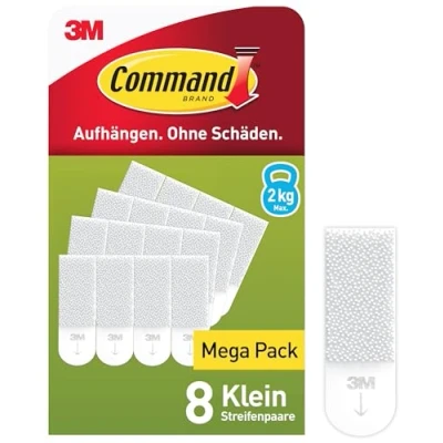 Abbildung von Command Klebestreifen, Packung 8x2 Klein (16 Strips), Weiß Bilder Aufhängen ohne Bohren, Streifen halten bis zu 1,8 kg, Rückstandsfreies Ablösen