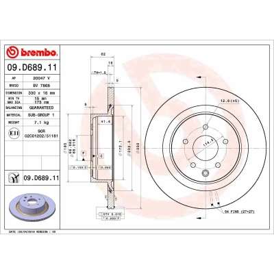 Abbildung von BREMBO 09.D689.11 Bremsscheibe 330 16 5 innenbelüftet beschichtet INFINITI: EX Schrägheck