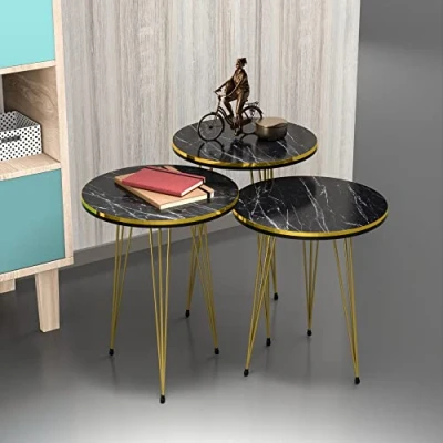 Abbildung von en.casa Satztisch, »Ry« Satztisch in 3er Set Marmor, schwarz / Gold mit goldenen Beinen