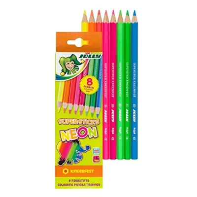 Abbildung von Jolly Superstick Neon Buntstifte Farbstifte Kinderfest und Bruchsicher Ungiftig extra dicke Mine 8 Stifte im Kartonetui