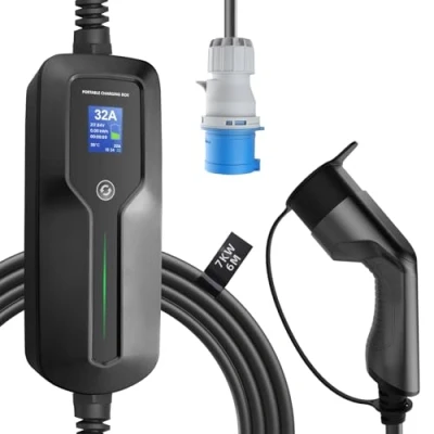 Abbildung von Morec Typ 2 EV Ladegerät CEE Stecker Schaltbare Ladekabel 16/24/32A mit Bildschirm Tragbares Ladestation IEC 62196 Ladebox Elektroauto EVSE (Euro Stecker) 6m/20ft