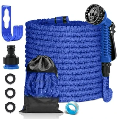 Abbildung von FASCINATDECO Flexibler Gartenschlauch 15m mit 7 Funktionen Brause, Wasserschlauch flexibel 3 Fach Latexkern inkl. Adapter für 1/2&#039; 3/4&#039; Zoll und Wandhalterung, dehnbarer flexiSchlauch
