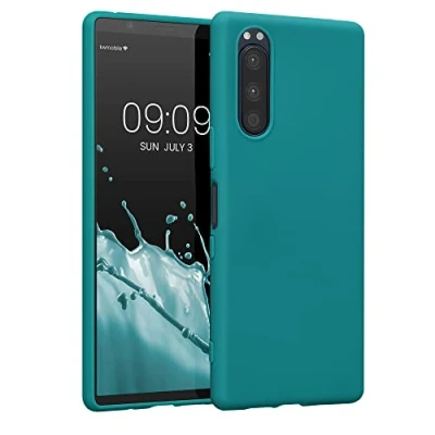 Abbildung von kwmobile Hülle kompatibel mit Sony Xperia 5 weiches TPU Silikon Case Cover geeignet für kabelloses Laden Petrol matt