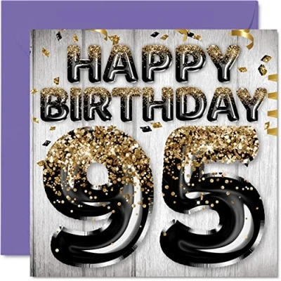 Abbildung von Stuff4 Geburtstagskarte zum 95. Geburtstag für Männer schwarze und goldene Glitzerballons Happy Karten 95 Jahre alten Mann Papa Great Grandad Grandpa Gran, 145 mm x Grußkarten Geschenk