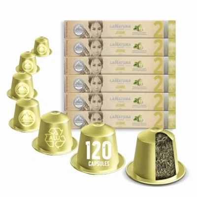 Abbildung von La Natura Lifestyle 120 x Jasmin Grüntee in Aluminiumkapseln, kompatibel mit Nespresso®3 Kapselmaschinen, 100% Recyclebar, natürlicher Grüner Blüten Tee aus kontrolliertem Anbau