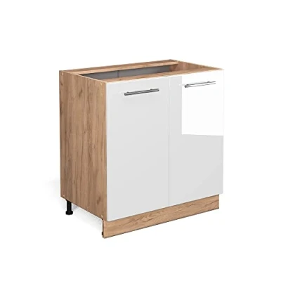 Abbildung von Vicco Spülenunterschrank Fame Line, Weiß Hochglanz/Goldkraft Eiche, 80 cm mit Regal, ohne Arbeitsplatte