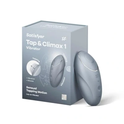 Abbildung von Satisfyer Tap &amp; Climax 1, 11 cm, Lay on Vibrator mit Klopf Funktion, 2 Motoren, wiederaufladbar, wasserdicht (IPX7), hautfreundliches Silikon, Farbe:grau