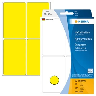 Abbildung von HERMA 2491 Vielzweck Etiketten, 128 Stück, 52 x 82 mm, 4 pro Bogen, selbstklebend, Haushaltsetiketten zum Beschriften, matt, blanko Papier Klebeetiketten Aufkleber, gelb