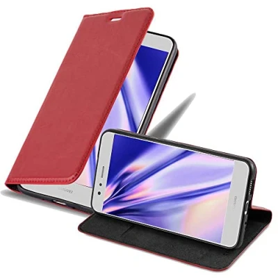 Abbildung von Cadorabo Hülle kompatibel mit Huawei P10 LITE aus Premium Kunst Leder Flip Klappbare Stoßfeste Magnetische [Standfunktion] [Kartenfächern] Cover für Tasche in Rot
