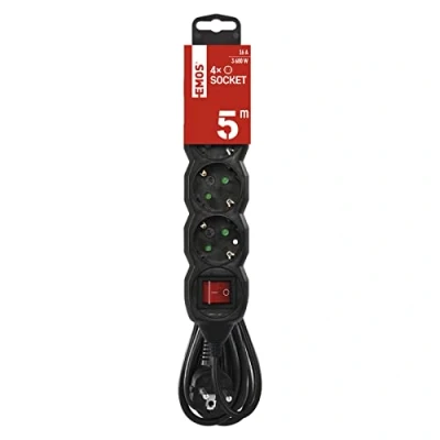 Abbildung von EMOS 4 Fach Steckdosenleiste 5m mit Schalter Schuko Steckdosen 45 gedreht 250 V, 16 A, 3680 W PVC Isolierung H05VV F3G 1,5 mm2 erhöhter Berührungsschutz IP20 für Innen schwarz