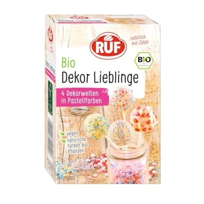 Abbildung von RUF Bio Dekor Lieblinge, Mix 4 Sorten bunte Back Dekoration mit Zucker Streuseln, Perlen &amp; Herzen, ohne künstliche Farbstoffe, vegan, 140g