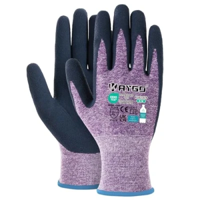 Abbildung von KAYGO 3 Paar Arbeitshandschuhe für Damen Atmungsaktiv Latex Beschichtete Frauen Gartenhandschuhe aus recyceltem Polyester, umweltfreundliche Schutzhandschuhe Haus Gartenarbeit (Lila, M, Gr 8)