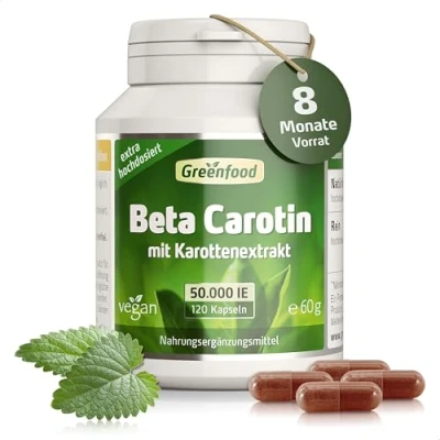 Abbildung von Beta Carotin, 50.000 i.E. (30 mg), 120 Vegi Kapseln, hochdosiert Vorstufe von Vitamin A (Augen, Hautschutz). Vegan.