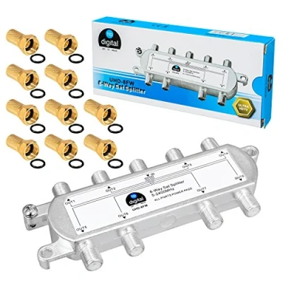 Abbildung von HB digital SAT BK UKW Verteiler 8 Fach Splitter (8 Wege) 5 2400 MHz &amp; analog tauglich voll geschirmt DVB S S2 FM Kabelfernsehen C inkl. 10 F Stecker