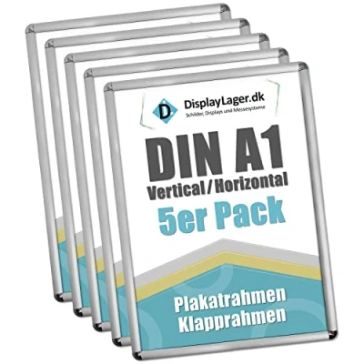 Abbildung von DisplayLager, Dänische Qualität 5&#039;er Sparpack Silber DIN A1 Rondo Klapprahmen mit 25mm Aluminium Profil, Entspiegelter Schutzscheibe, Befestigungsmaterial