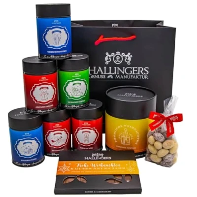 Abbildung von Hallingers Weihnachts Tea Time Weihnachtliches Geschenkset Gourmet Köstlichkeiten als Geschenkkorb zu Weihnachten (Set) Adventskalender Neuheiten &amp; befüllen Glückwunsch Glückwüns