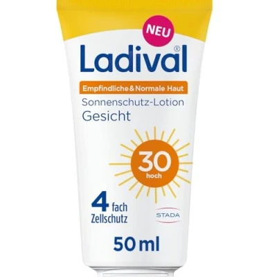 Abbildung von Ladiva Empfindliche und Normale Haut Sonnenschutz Lotion LSF 30 für das Gesicht bei empfindlicher normaler Haut, mit einzigartigem 4 fach Zellschutz, Hyaluronsäure Photolyase, 50m