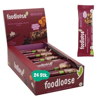 Abbildung von foodloose Bio Nussriegel Garden Gusto Vegane, laktose und glutenfreie Riegel ohne raffinierten Zucker Erdnüsse, Sauerkirsche, Aprikose &amp; Vanille Vorteilspack (24 x 35g)