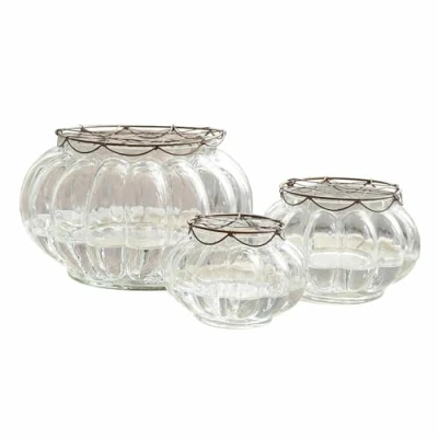 Abbildung von Loberon Vase 3er Set Xyphine, DREI Größen, Romantische Nostalgie, Mundgeblasen, Gitterabdeckung gibt Blumen Halt, Blumenvase, Dekoration Glas, Eisen, klar/braun