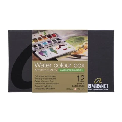 Abbildung von Rembrandt Professionelles Aquarellfarben Set in luxuriöser Metalldose Auswahl an Landschaften 12 Farben + Pinsel