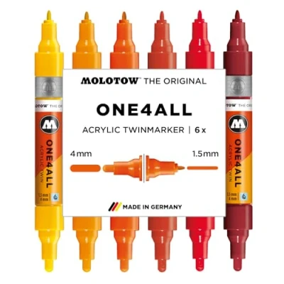 Abbildung von Molotow One4All Acrylic Twin Marker Hot Set (1,5 und 4,0 mm Strichstärke, hochdeckend permanent, schnell trocknend, nachfüllbar, für fast alle Untergründe) 6 Stück sortiert