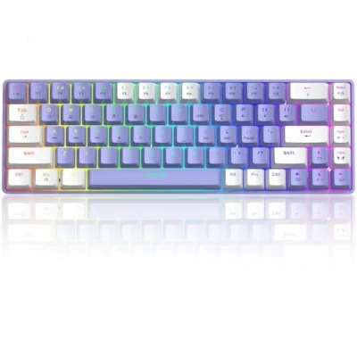 Abbildung von 60% mechanische Mini Tastatur, kompakt 68 Tasten, USB C, kabelgebunden, RGB 18 Chroma Rainbow Hintergrundbeleuchtung, tragbar, kompatibel mit PS4, Xbox, PC, Laptop Violett/Blau Schalter