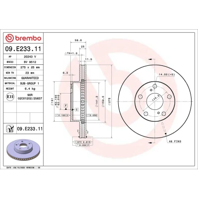 Abbildung von BREMBO 09.E233.11 Bremsscheibe 275 25 5 innenbelüftet beschichtet TOYOTA: Tacoma II Pickup