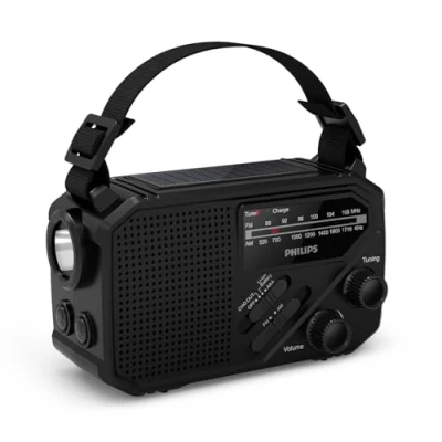 Abbildung von Philips TAR1609 FM/AM Kofferradio mit internem aufladbarem Akku, AAA Batterie und Kurbel für Reservestrom, Solarzelle, integrierte LED Leuchte Taschenlampe zum Zelten, Wandern bei Stromausfall