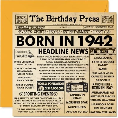 Abbildung von Geburtstagskarte zum 82. Geburtstag für Männer und Frauen, Zeitung &quot;Born in 4,932.7 cm Happy 82 Großvater, Oma, Vintage, Retro, Back 1942, 145 mm x mm,