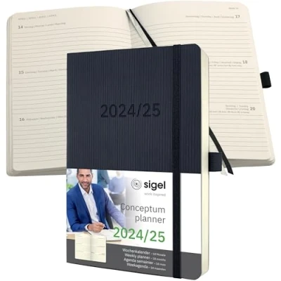 Abbildung von SIGEL C2506 Terminplaner Wochenkalender 2024/2025, ca. A5, schwarz, Softcover, 256 Seiten, Gummiband, Stiftschlaufe, Archivtasche, aus nachhaltigem Papier, 18 Monatskalender, Conceptum