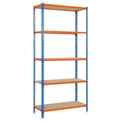 Abbildung von SimonRack Schwerlastregal, Lagerregal, 200x100x40 cm, Metallregal, Kellerregal, Biegestelle 150 kg, 5 Holzfachböden, Blau/Orange/Holz Maderclick