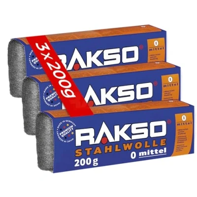 Abbildung von RAKSO Stahlwolle mittel 0 600 g, 3 Banderolen à 200g, glättet Holz, entfernt Schmutz auf Kacheln/Steinböden, poliert Kupferrohre/Fittings