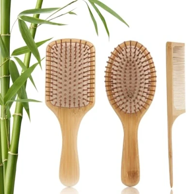 Abbildung von Hisdricus Bambus Haarbürste und holzkamm set, Holz Mit Naturpins, Naturhaarbürste, Hair Brush Antistatisch, Anti Frizz, Lockenbürste geeignet für Männer, Frauen Kinde