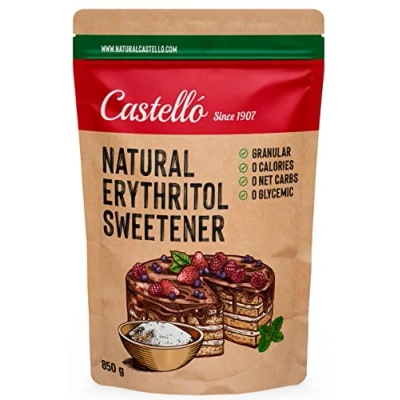 Abbildung von Natürliches Erythrit Kristallzucker 10g = 7g Zucker Natürlicher Zuckerersatz 0 Kalorien Glykämischer Index Keto und Paleo Netto Kohlenhydrate Kein GVO Castello since 1907 850g