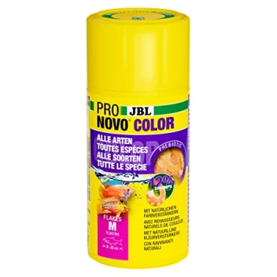 Abbildung von JBL PRONOVO COLOR FLAKES, Farbfutter Flocken für alle Aquarienfische von 8 20 cm, Fischfutter Flocken, Größe M, 100 ml