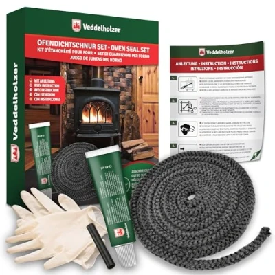 Abbildung von Veddelholzer 2,5 m komplett Set Ø 10mm Ofendichtband, Ofendichtung, Backofen Dichtung, Ofendichtschnur für Kaminofen, Öfen und Kaminofen Inkl. Hochtemperaturkleber, Handschuhe, Hülsen Anleitung