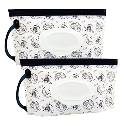 Abbildung von Tragbarer Feuchttücher Spender (2 Stück), wiederverwendbare Baby Windel Entsorgungsbeutel, nachfüllbar, persönlicher Reise Clutch Spenderhalter (Moon Girl Pattern)