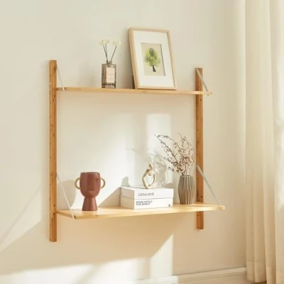 Abbildung von [en.casa] Wandregal Tingvoll Hängeregal 85 x 25 cm Bücherregal schwimmendes Regal Zwei Ablagen Schweberegal Bambus in Naturfarben