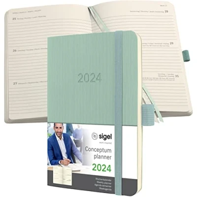Abbildung von SIGEL C2439 Terminplaner Wochenkalender 2024, ca. A6, grün, Softcover, 176 Seiten, Gummiband, Stiftschlaufe, Archivtasche, PEFC zertifiziert, Conceptum