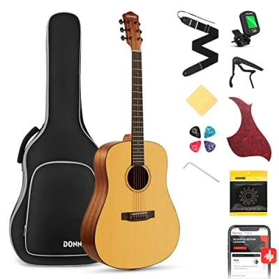 Abbildung von Donner Akustik Gitarre 4/4 Anfänger Erwachsene Akustikgitarre Einsteiger Kit 41 Zoll voller Größe Gitarren Starter Mahagoni Fichte mit 6 Saiten Tasche Capo Plektren Gurt